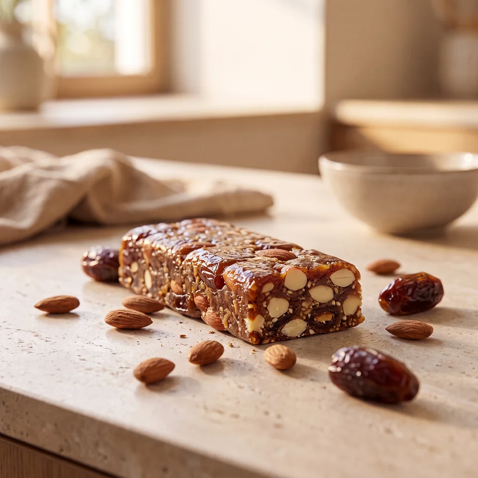 A date and almond bar on a sunlit counter, surrounded by dates and almonds