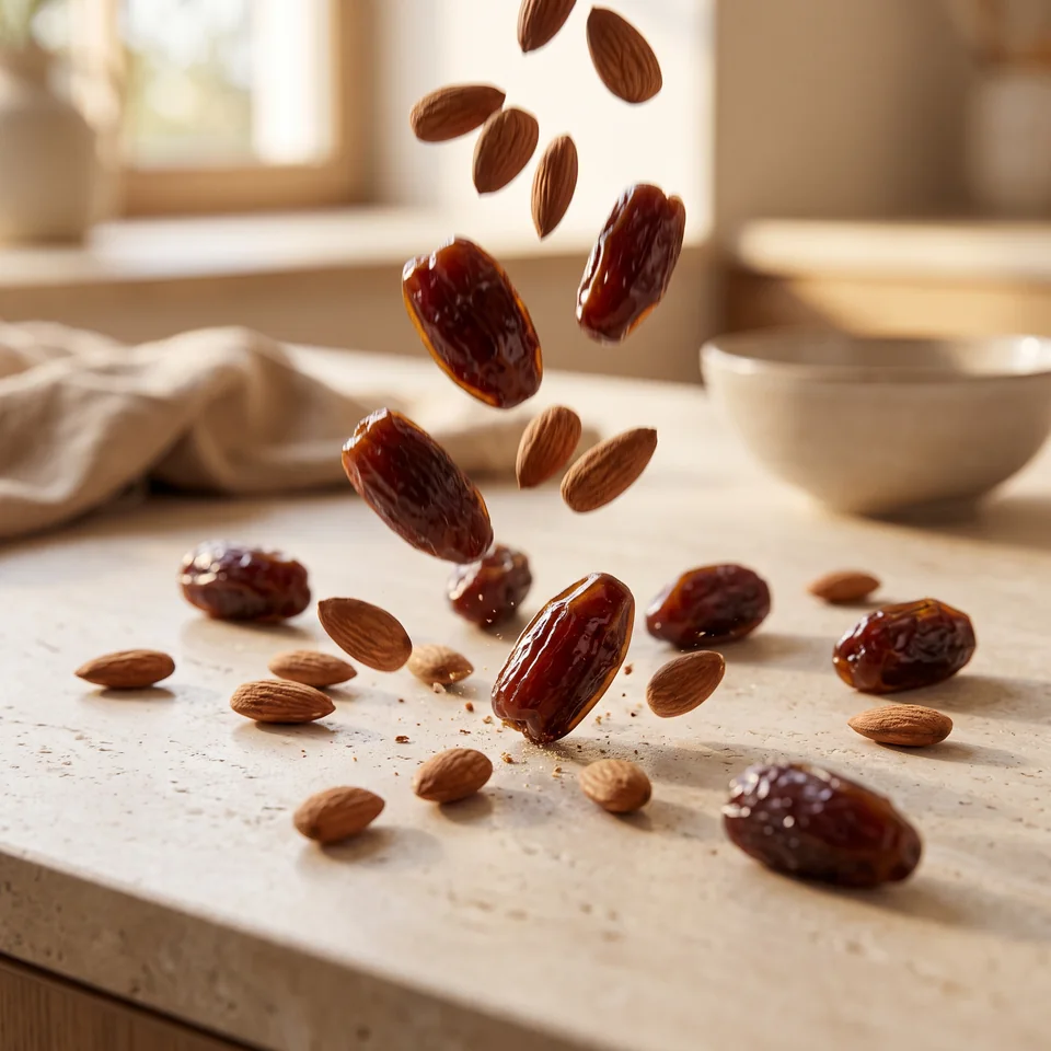 Dates and almonds suspended above a sunlit kitchen counter